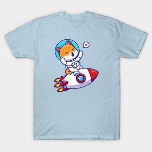 Cute Shiba Inu Dog Astronaut Riding Rocket Cartoon T-Shirt